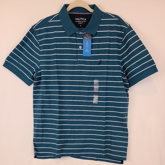 NEW Nautica Mens Classic Fit Striped Blue Coral Performance Deck Polo Sz L NWT - Picture 1 of 6